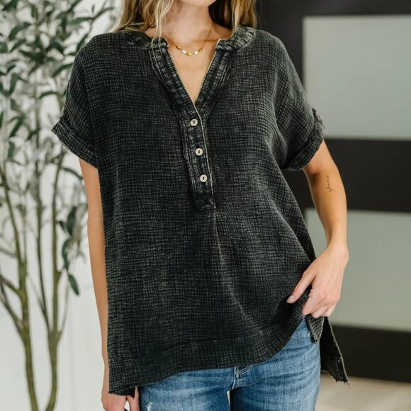 Basic Fade V-Neck Acid Wash Top in Black - Picture 1 of 4